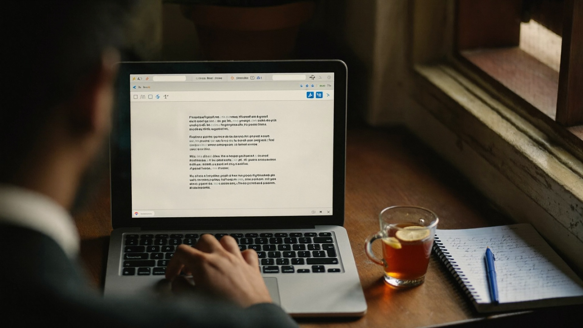 A laptop and a notebook of handwritten questions on a desk in a small office